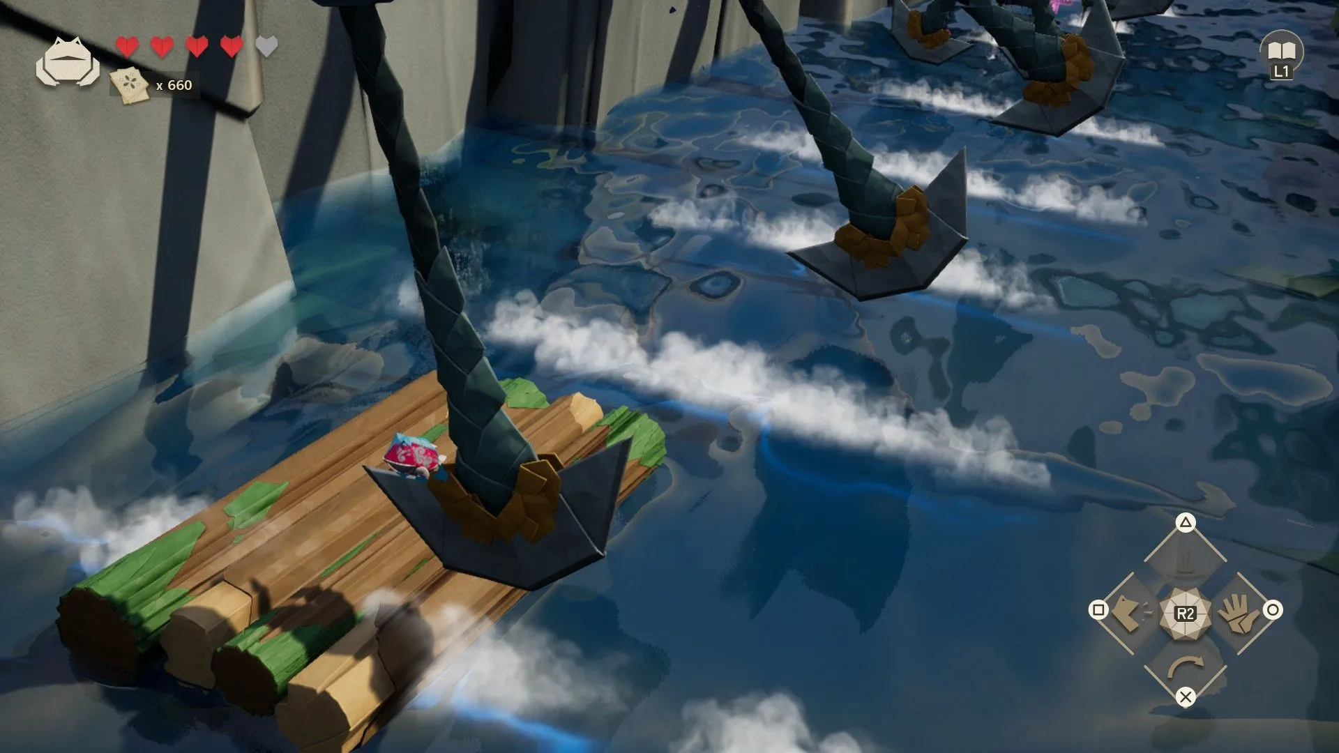Hiro trong hình dạng Ếch (Frog form) thực hiện cú nhảy cao trong môi trường platformer của Hirogami, tận dụng kỹ năng biến hình