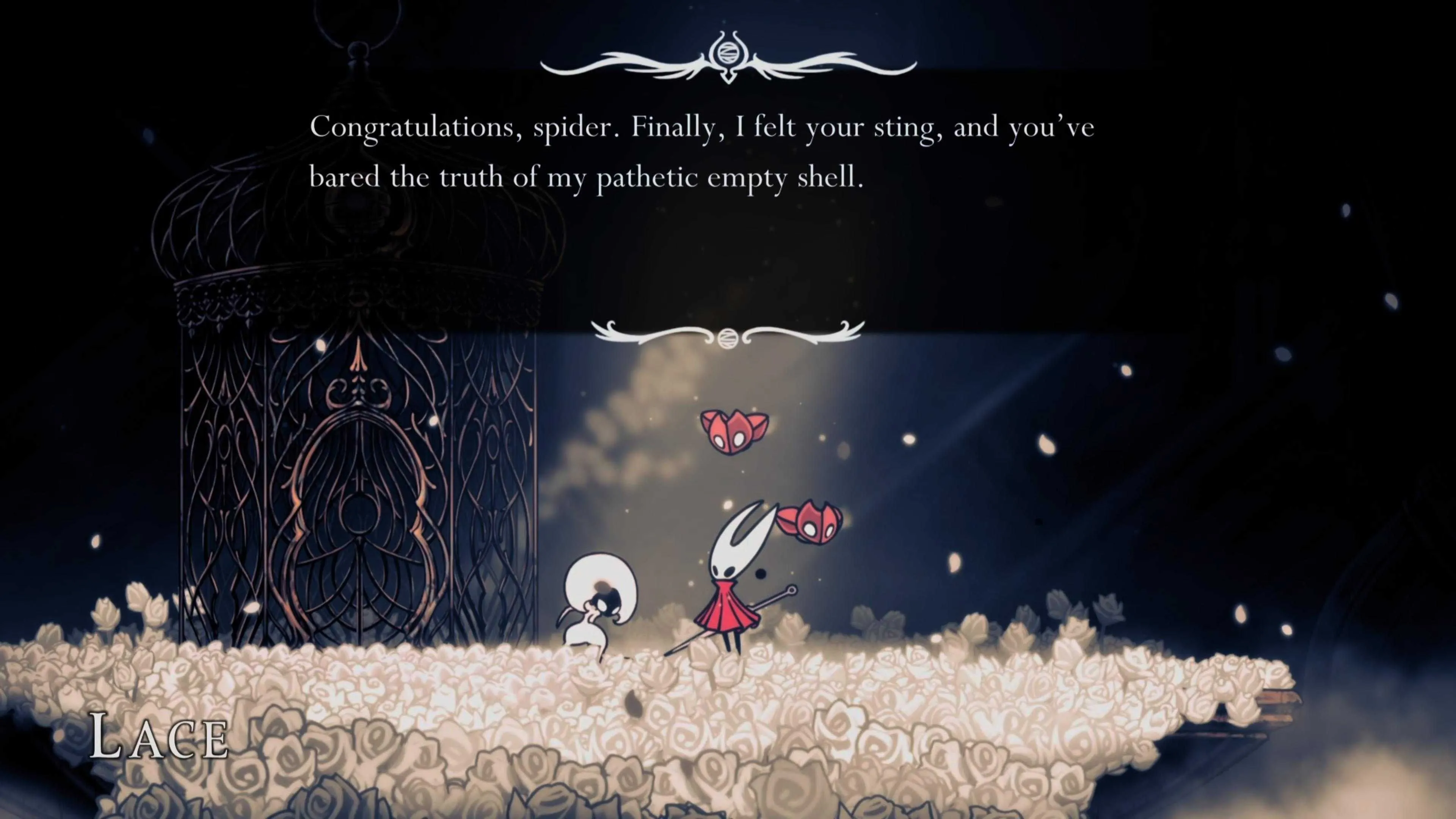 Hornet đứng kiêu hãnh trên chiến trường sau khi hạ gục boss Lace 2 trong Hollow Knight Silksong