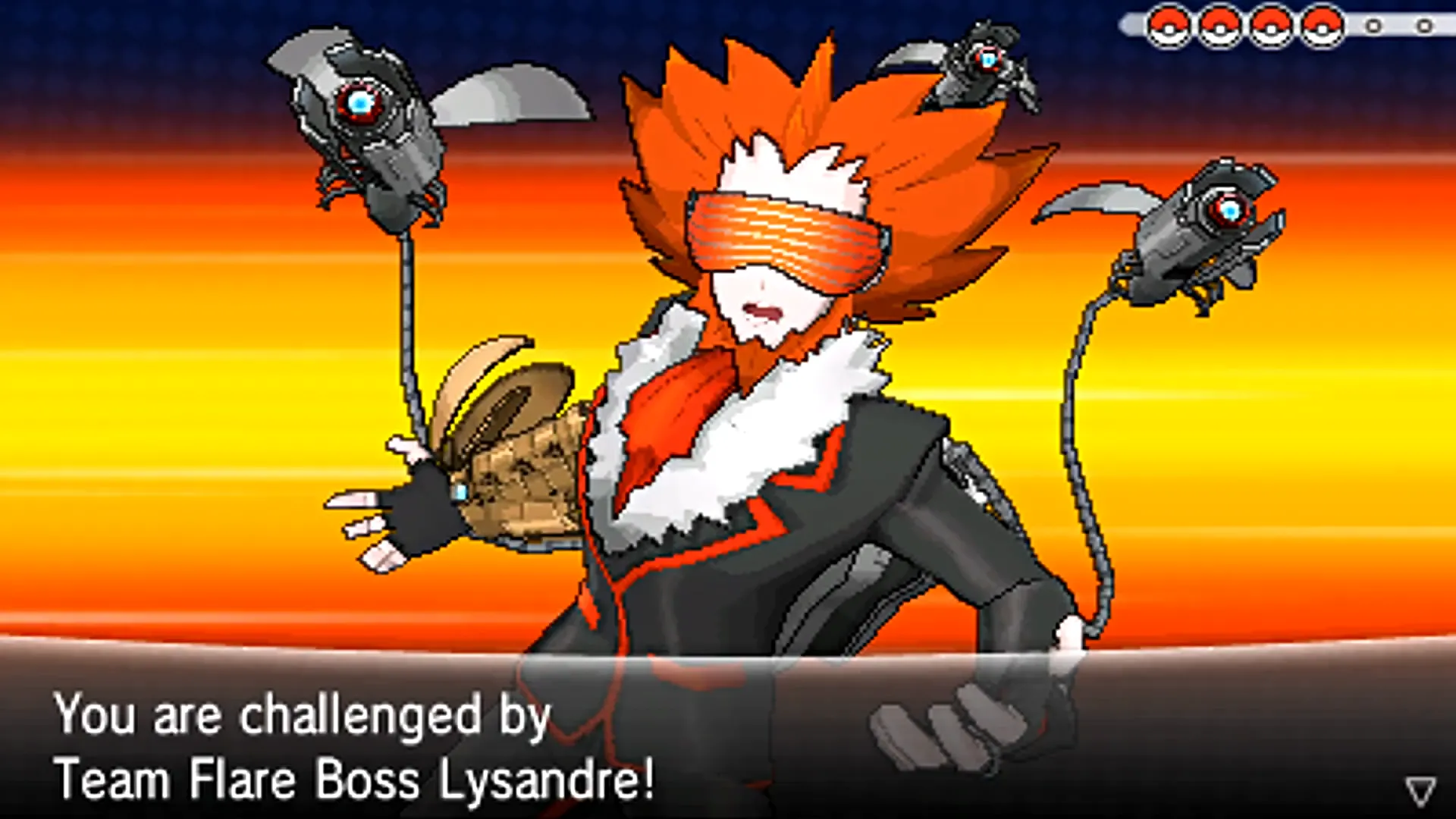 Lysandre, thủ lĩnh Team Flare trong Pokémon XY, với mái tóc đỏ rực và trang phục độc đáo