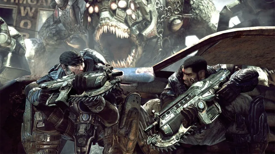 Marcus Fenix và Dominic Santiago trong trận chiến trong Gears of War 1, bản gốc