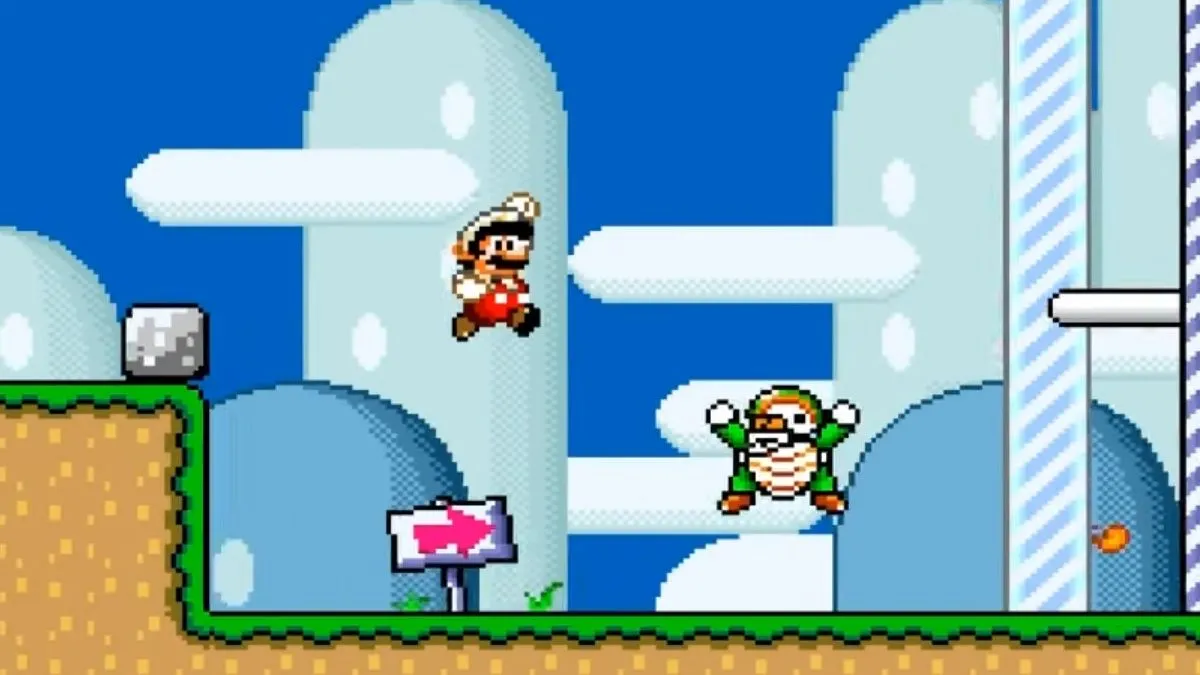 Mario và Yoshi trên bản đồ thế giới trong Super Mario World