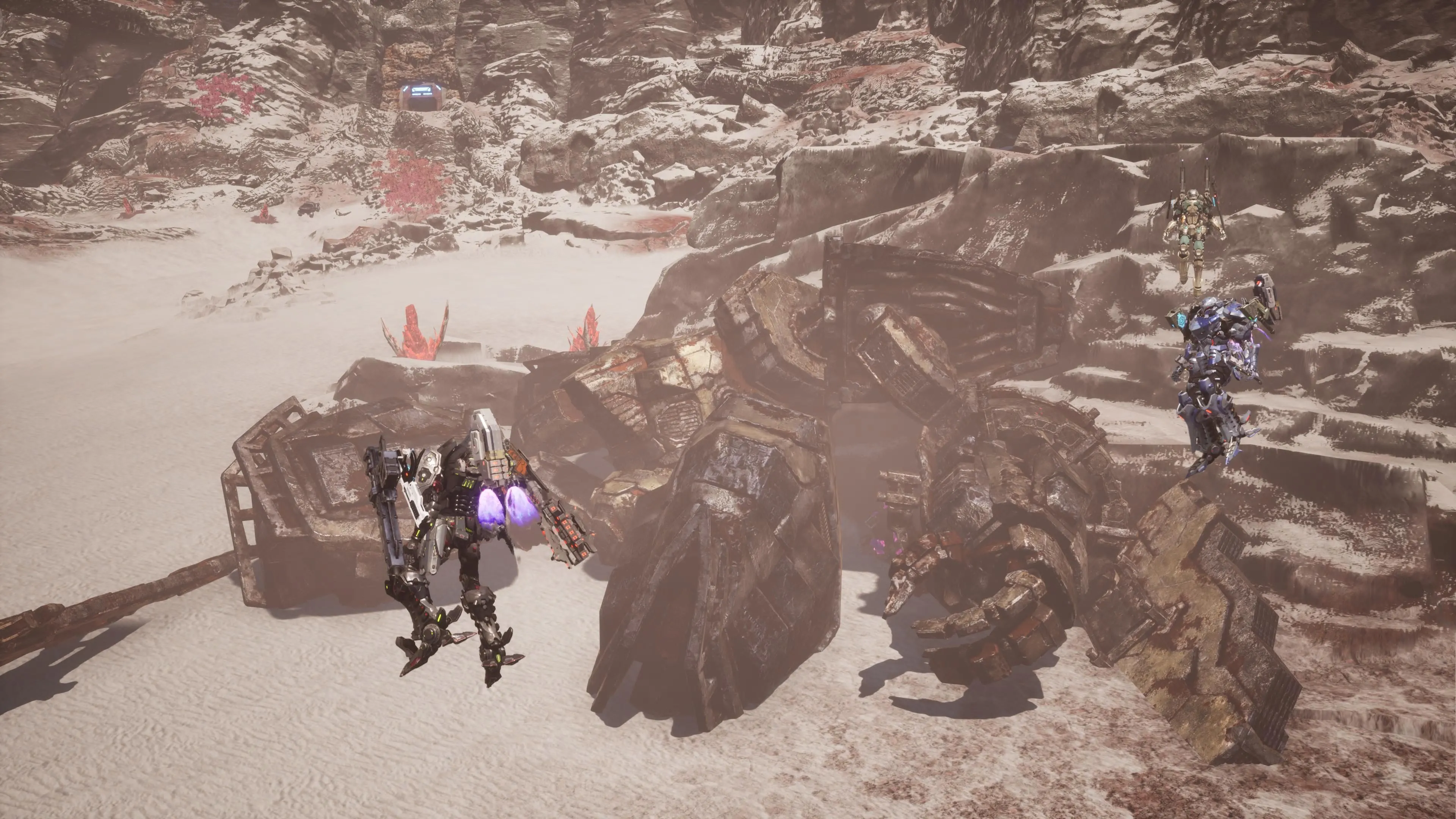 Mech Arsenal bay lượn trên nền cảnh thành phố đổ nát trong Daemon X Machina Titanic Scion