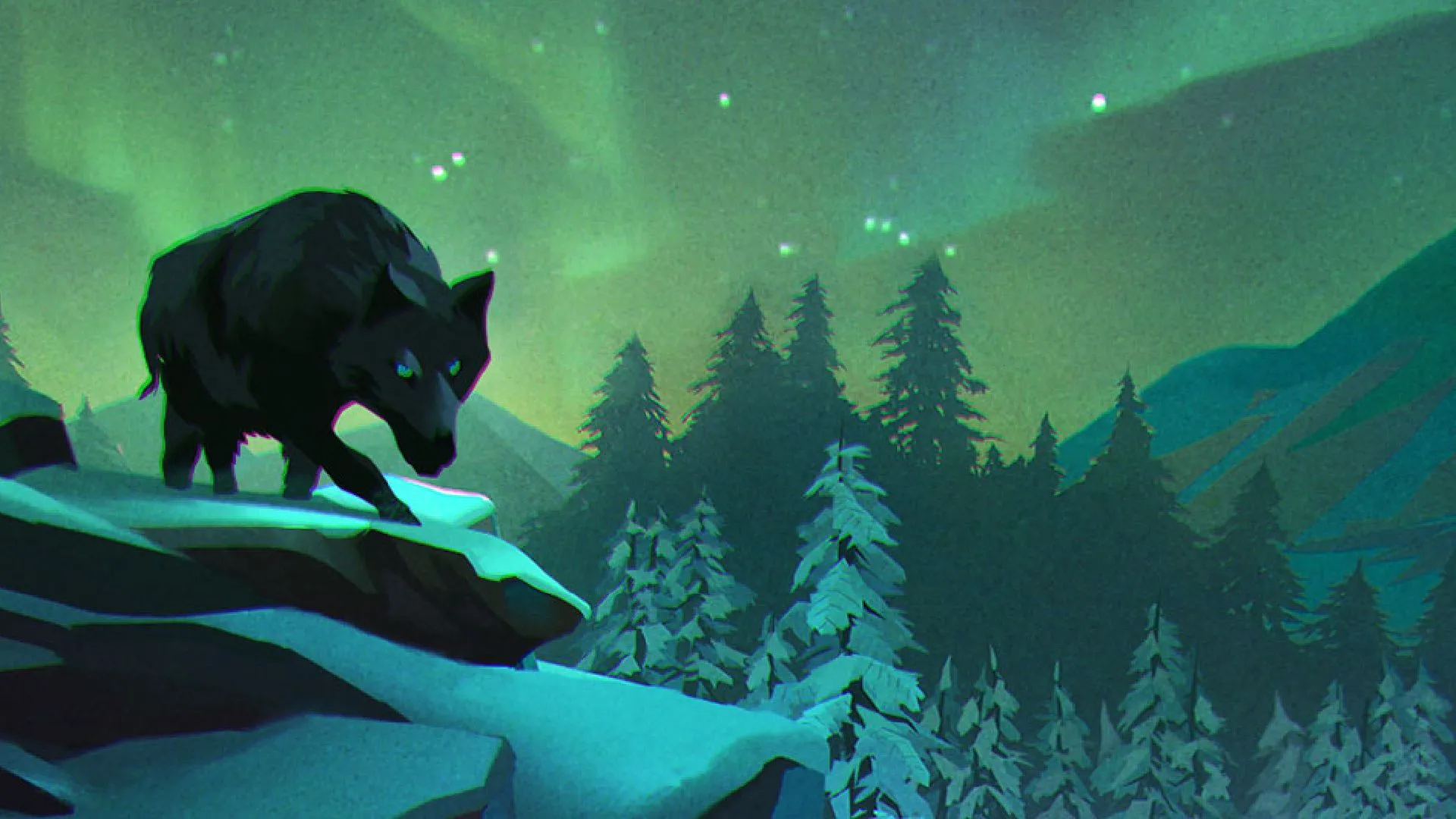 Một nhân vật đang đứng giữa cảnh quan tuyết phủ lạnh giá của The Long Dark vào ban đêm, với cực quang rực rỡ trên bầu trời