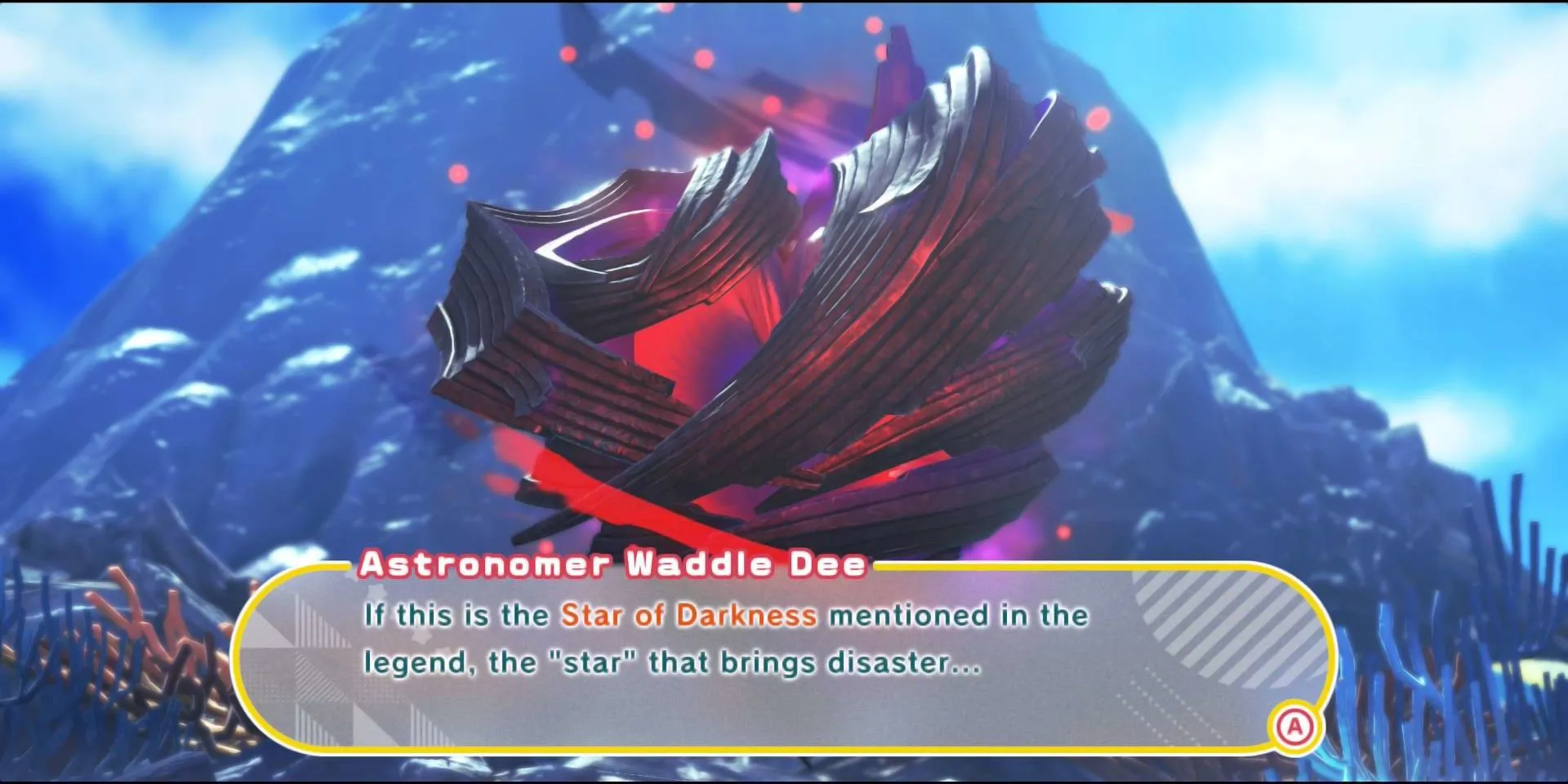 Ngôi Sao Bóng Tối (Star of Darkness) trong đoạn cắt cảnh mở đầu của Kirby Star-Crossed World, mở rộng chiều sâu lore game