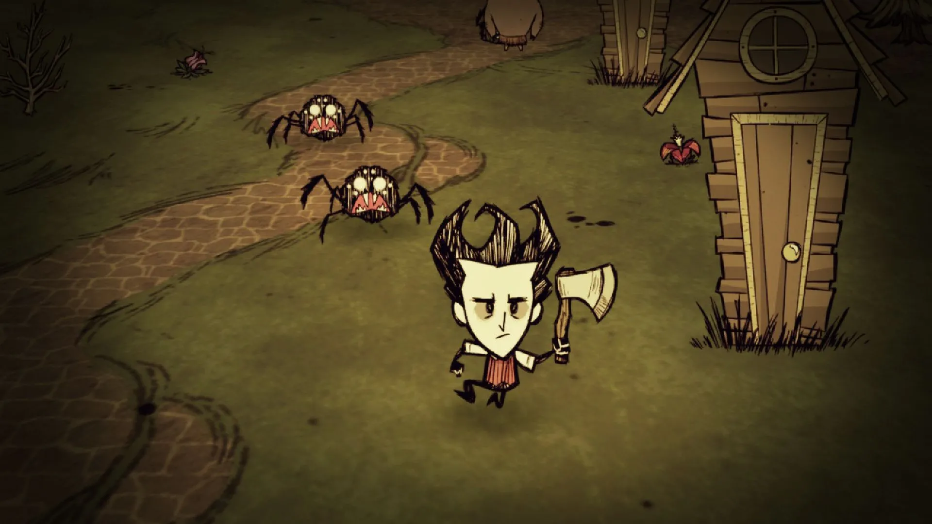 Nhân vật trong Don't Starve cố gắng thắp lửa giữa màn đêm bao trùm, với những con mắt đáng sợ ẩn hiện trong bóng tối