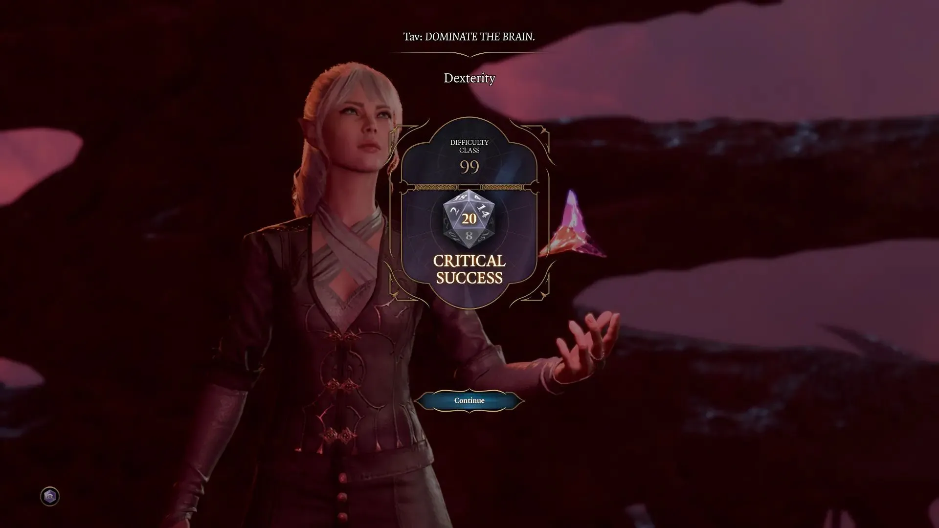 Pha roll thống trị Não Trùm Cuối (Elder Brain) với DC 99 trong Baldur's Gate 3, một trong những thử thách cuối game khó nhằn nhất