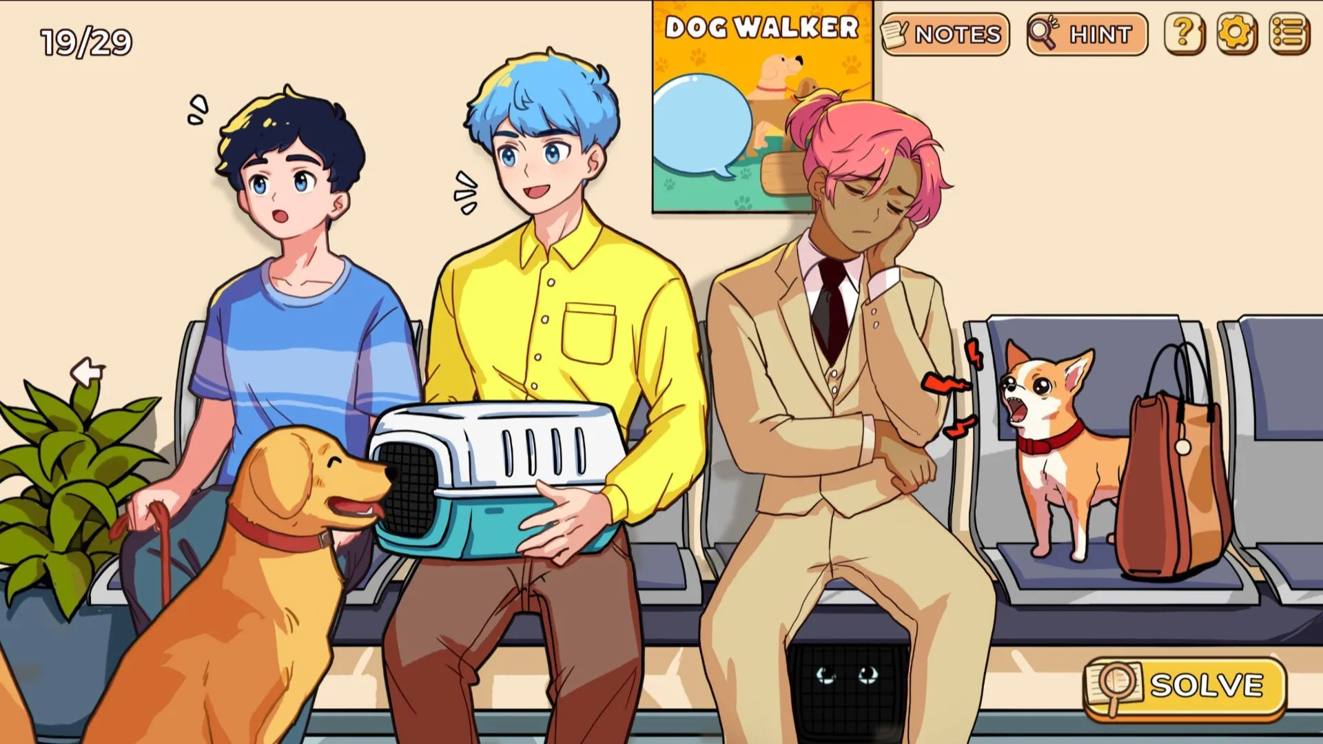 Phong cách đồ họa anime của Little Problems, cảnh chờ đợi cùng thú cưng đáng yêu