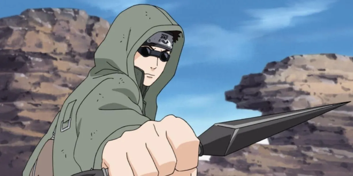 Shino Aburame với kính râm và áo khoác xanh lá