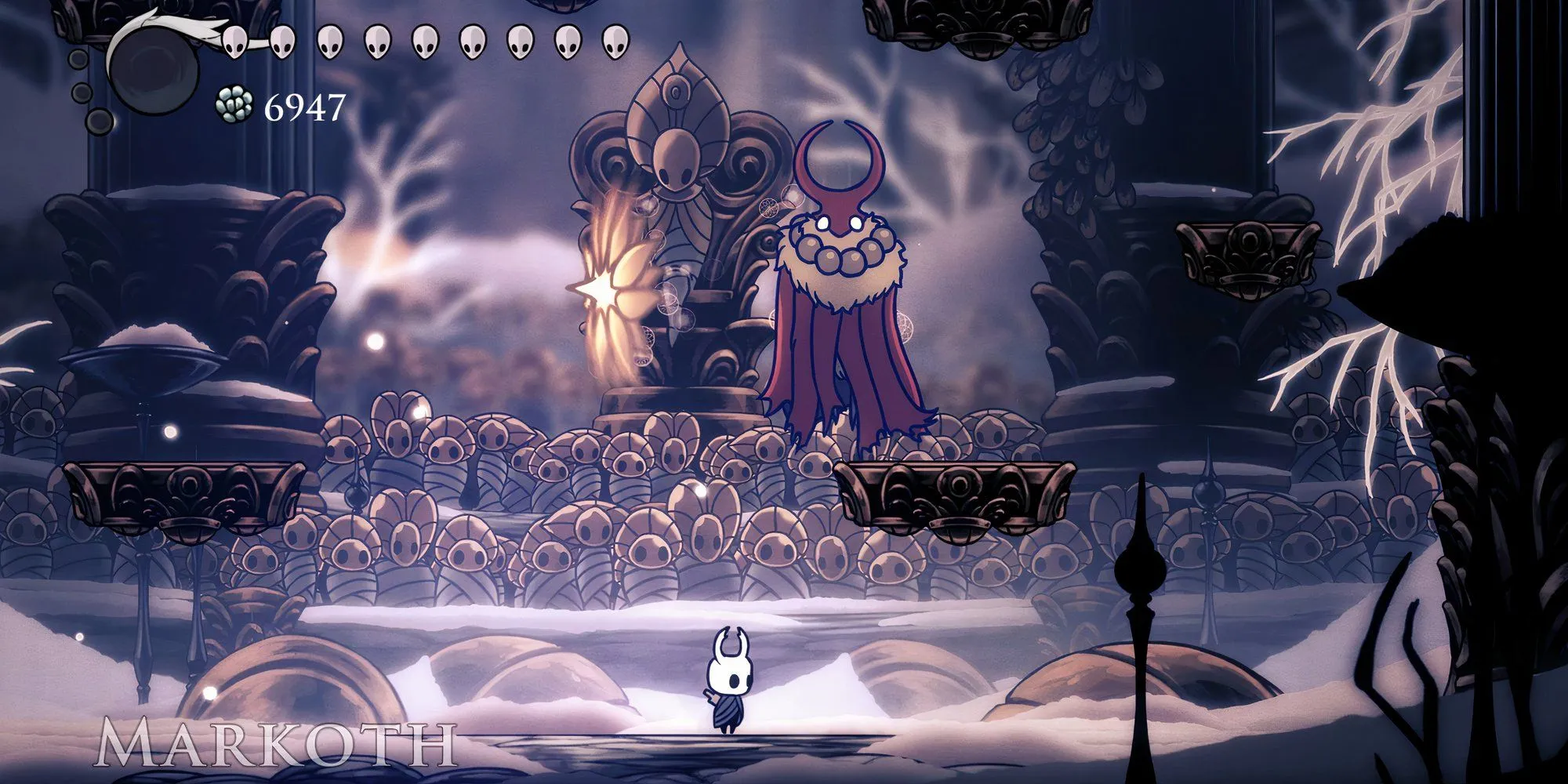 The Knight đối đầu với Markoth trong Godhome Colosseum của Hollow Knight, minh chứng cho sự đa dạng và thử thách trong thiết kế boss.