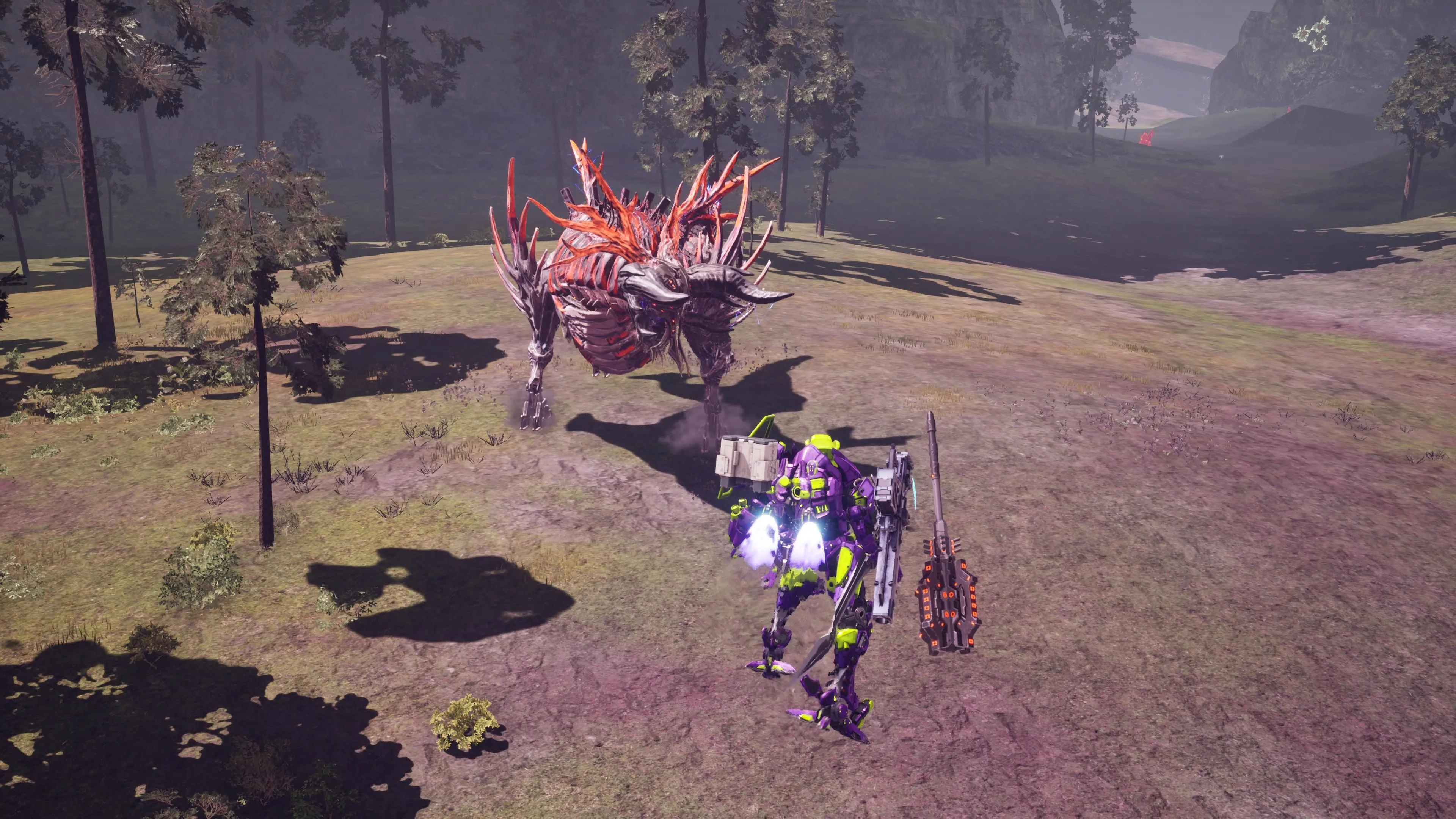 Trận chiến boss khổng lồ giữa Arsenal và Immortal trong Daemon X Machina Titanic Scion, thể hiện quy mô chiến trường