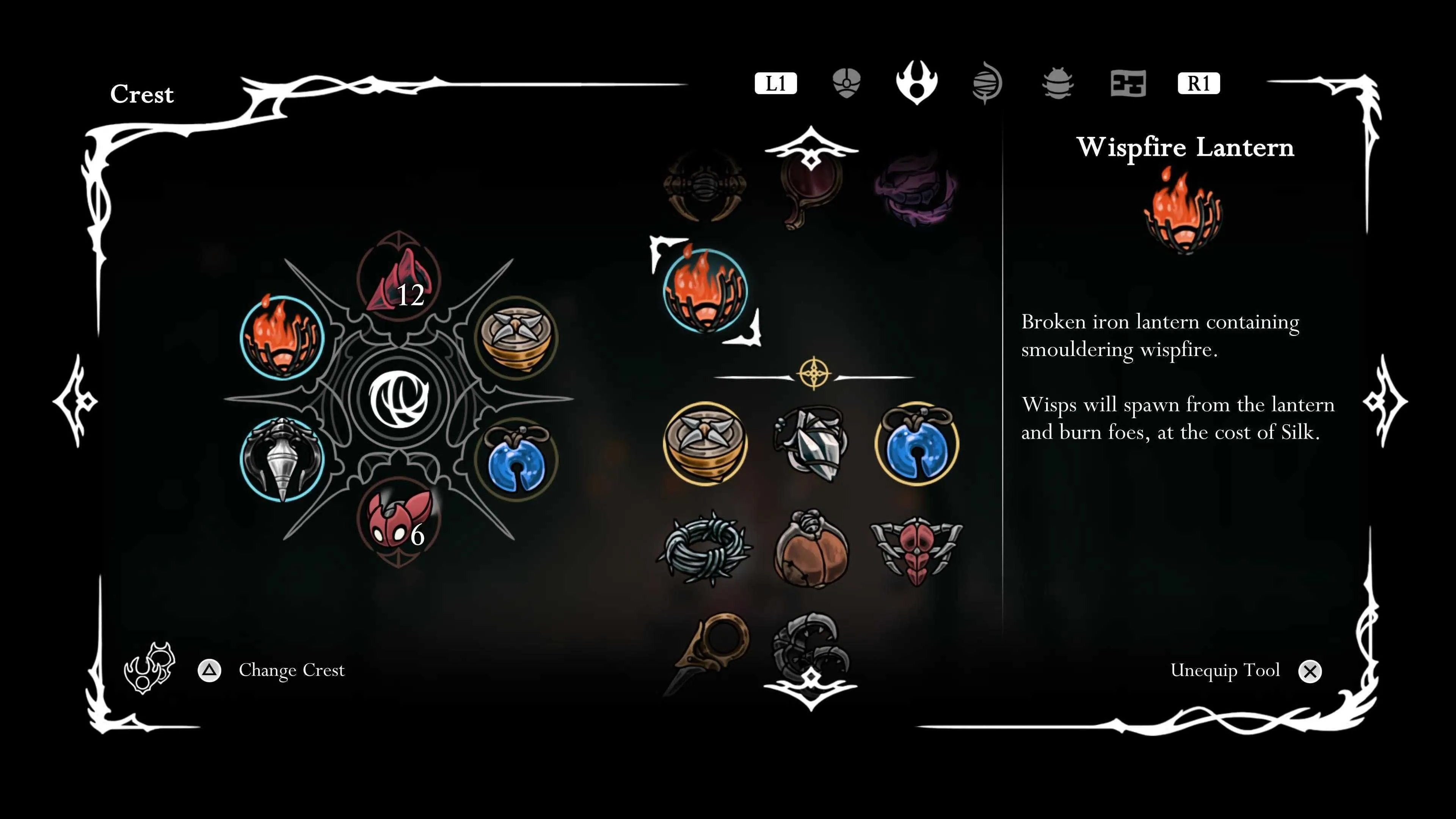 Vật phẩm Wispfire Lantern, phần thưởng sau khi đánh bại Father of the Flame trong Hollow Knight Silksong, hiển thị biểu tượng và hiệu ứng tiềm năng của công cụ.
