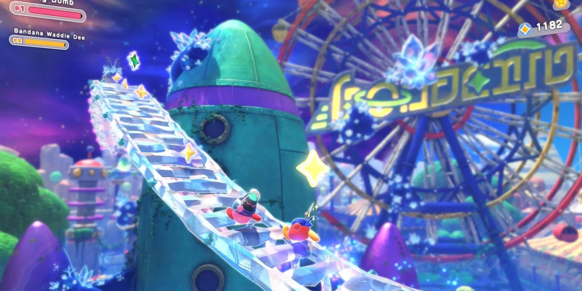 Vòng đu quay khổng lồ là một phần của môi trường được cải tiến trong Kirby Star-Crossed World, mang lại cảm giác thế giới mở rộng