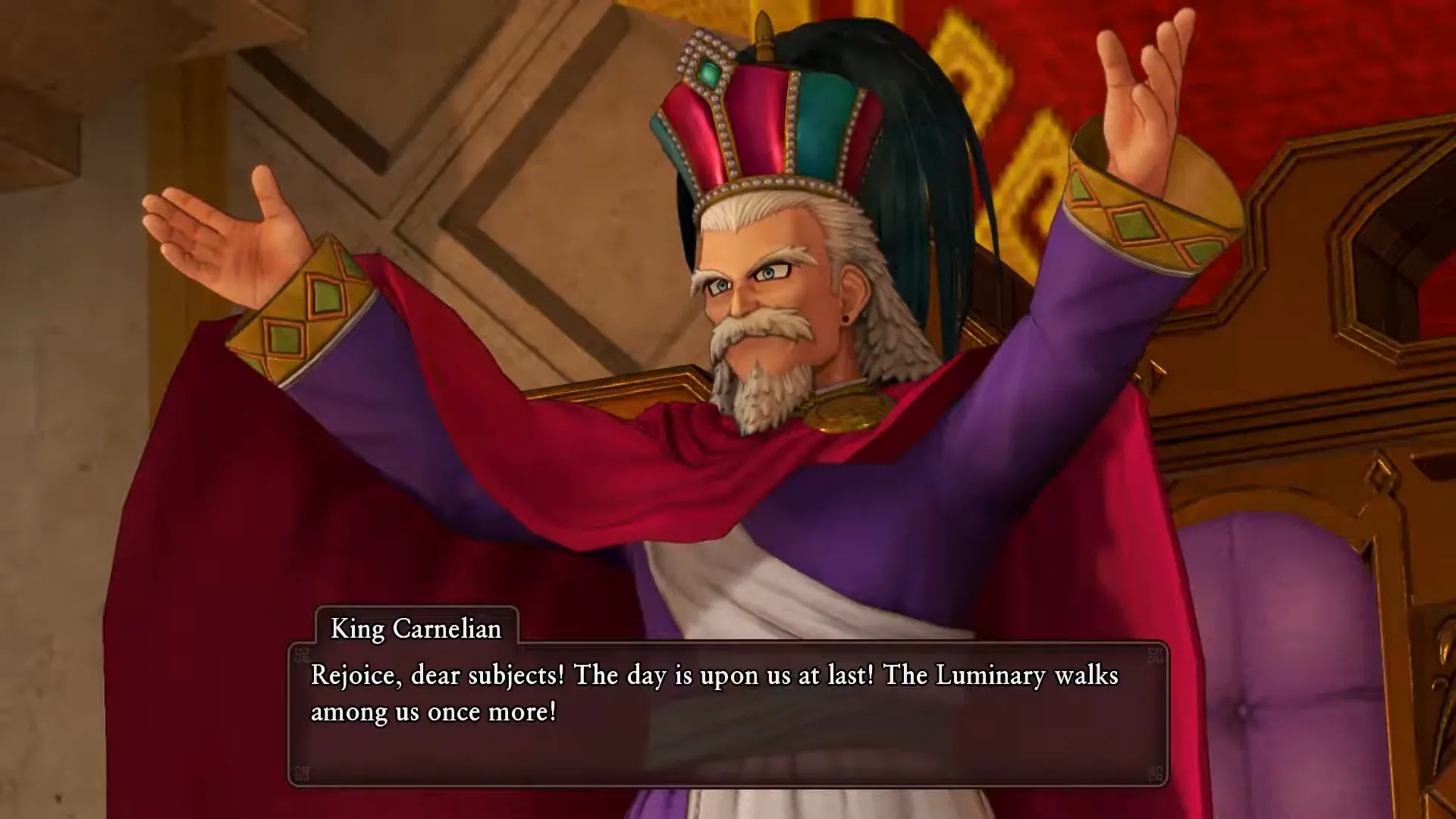 Vua Carnelian trong Dragon Quest XI, thể hiện sự hung dữ và giam cầm Luminary