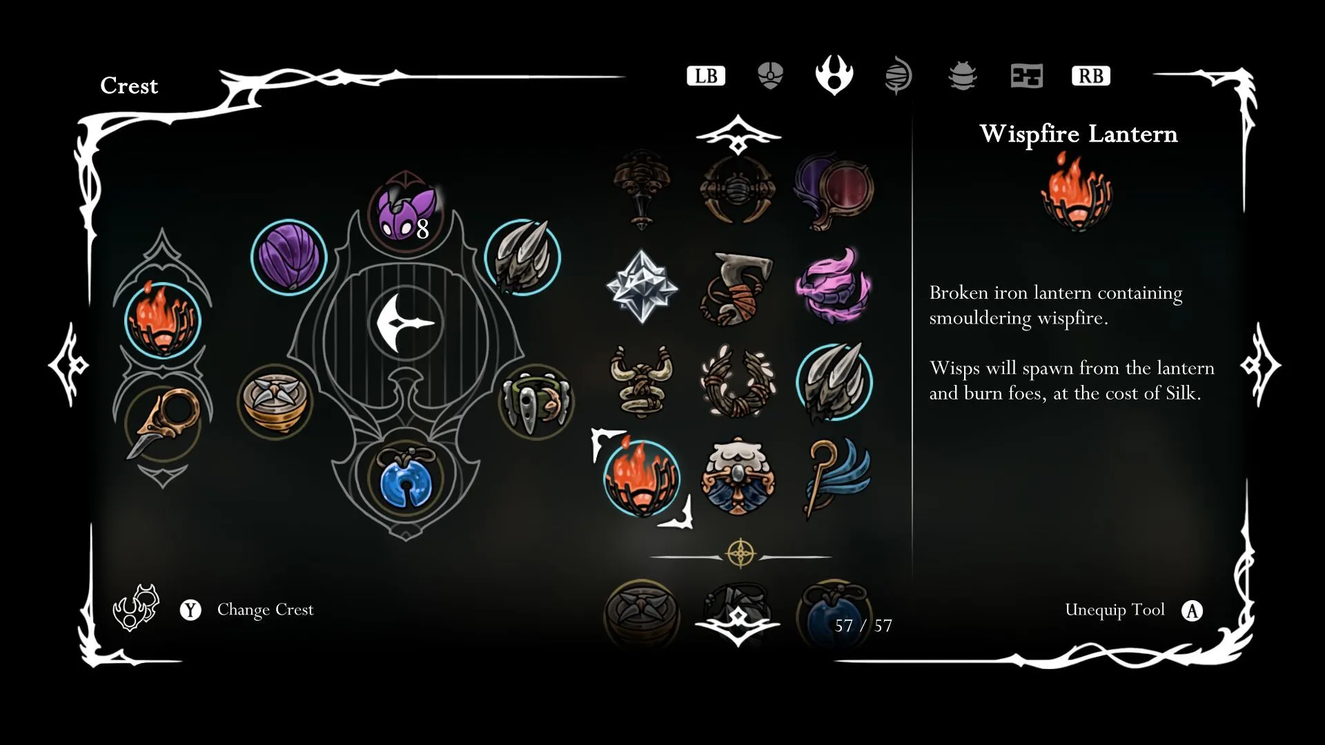 Wispfire Lantern, một công cụ blue tool hỗ trợ tấn công tự động trong Hollow Knight Silksong